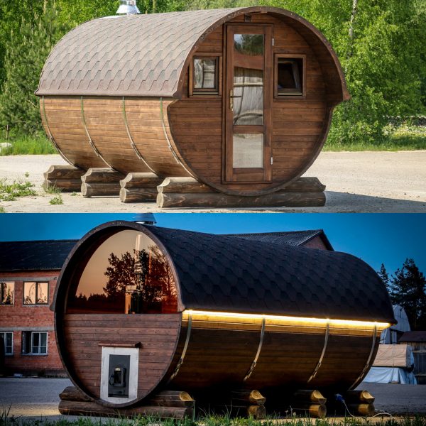 4.5m round barrel sauna with lounge