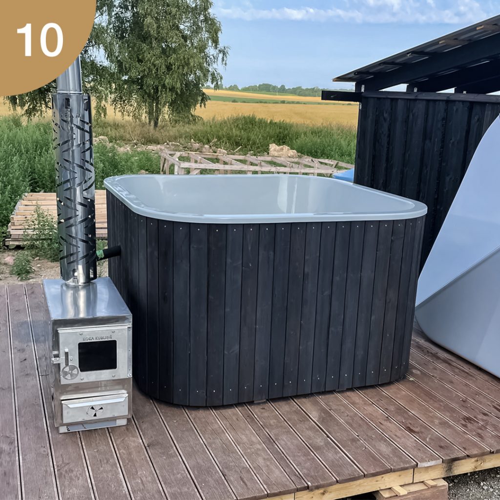 Square hot tub with external stove, 8-jet hydromassage system