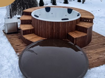 Hot tub with enclosing stairs, external stove, terrace, hydromassage