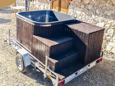 Mobile square hot tub with burned boards finish, hydromassage, LED