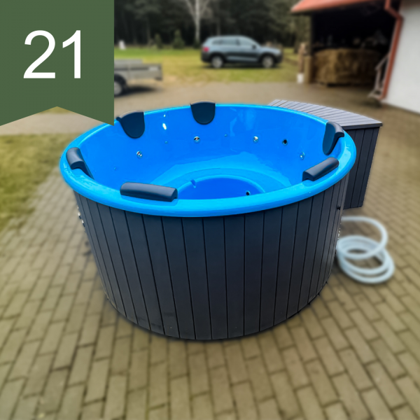 Kubls ar ārējo krāsni, ¼ apkļaujošās kāpnes, LED rgb apgaismojums, hidromasāžas sistēma…