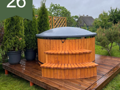 Kubls ar integrētu krāsni uz terases, platās lielās kāpnes – 2 pakāpieni, LED rgb apgaismojumu, hidromasāžas sistēma…