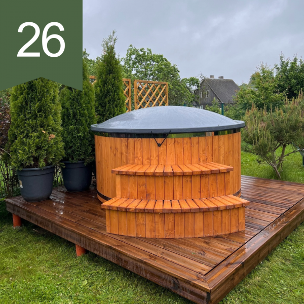 Kubls ar integrētu krāsni uz terases, platās lielās kāpnes – 2 pakāpieni, LED rgb apgaismojumu, hidromasāžas sistēma…